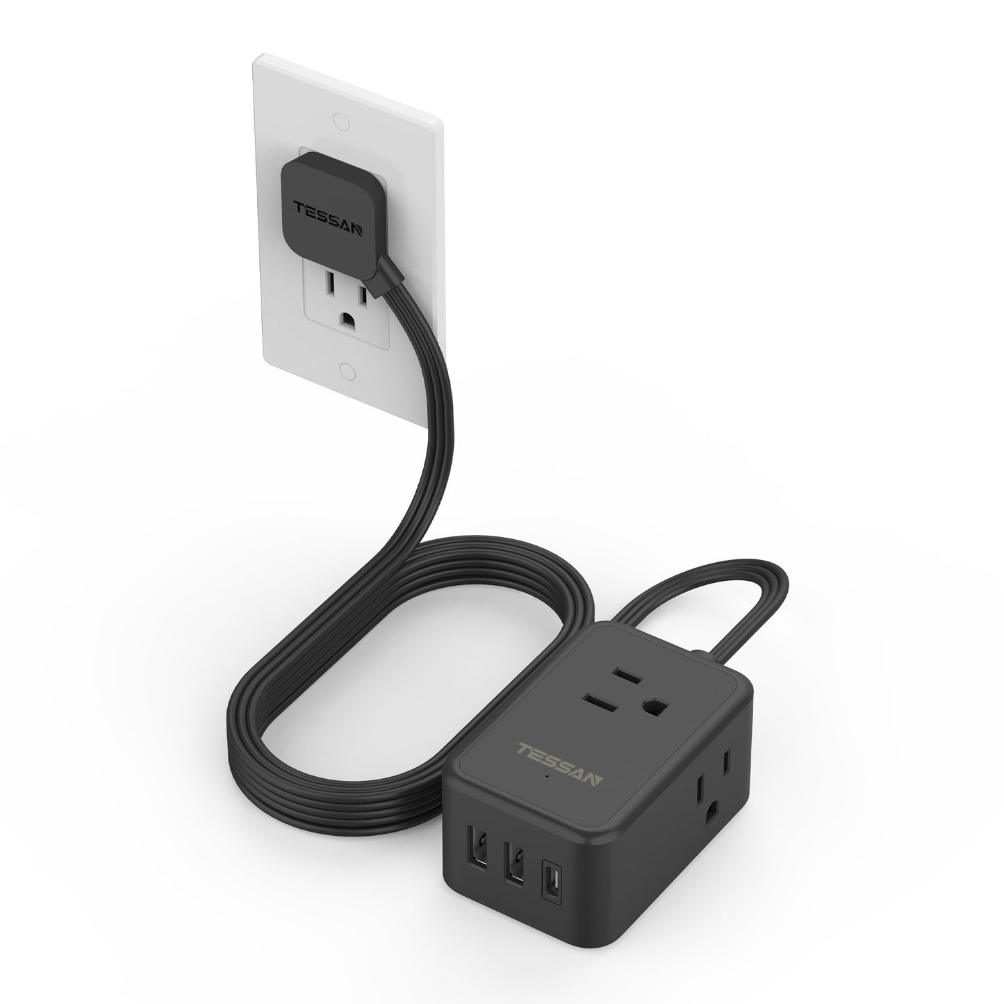 TESSAN Small Flat Plug Power Strip, Ultra Thin Extension Cord 5 ft, 3 AC Outlets with 3 USB Ports (1 USB C), Multiple Wall Outlet Extender for Cruise Travel Office School Dorm Room Essentials