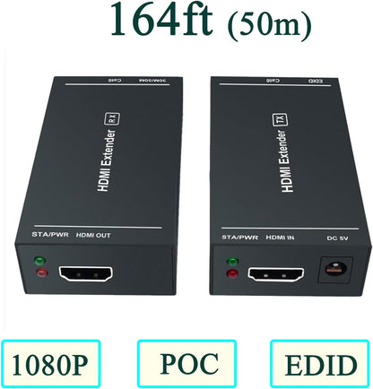 HDMI Extender 1080p@60Hz, 3D, Over Single Cat5e/Cat6/Cat 7 Cable Full HD Uncompressed Transmit Up to 164 Ft(50m), EDID and POC Function Supported (Transmitter and Receiver)
