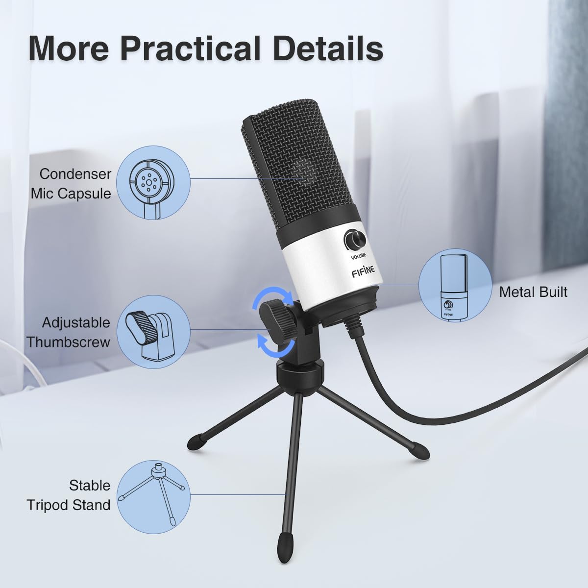 FIFINE USB Microphone, Metal Condenser Recording Microphone for MAC OS, Windows, Cardioid Laptop Mic for Recording Vocals, Voice Overs, Streaming, Meeting and YouTube Videos-K669B