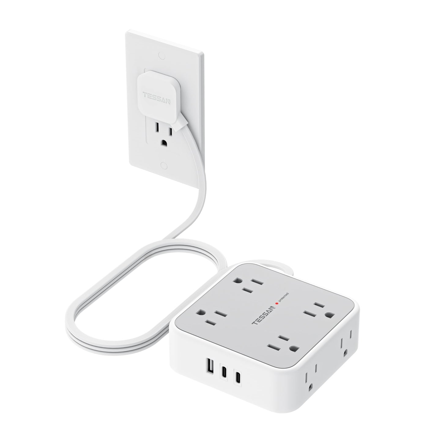 TESSAN Surge Protector Power Strip, 5 Ft Flat Plug Extension Cord with 3 USB (1 USB C) 8 Outlets, 1250W, 900J Protection, 3 Sided Outlet Extender with Power Switch for Office, Dorm Room, Grey
