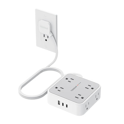 TESSAN Surge Protector Power Strip, 5 Ft Flat Plug Extension Cord with 3 USB (1 USB C) 8 Outlets, 1250W, 900J Protection, 3 Sided Outlet Extender with Power Switch for Office, Dorm Room, Grey