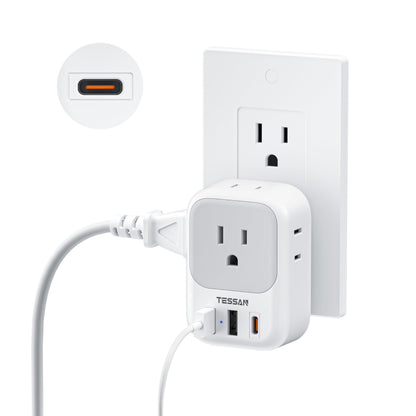 USB C Charger Block 20W, TESSAN PD Fast Charging Adapter with Foldable Plug, 1875W Power Outlet Extender(4 AC and 4 USB) for Cruise, Home, Office, Dorm