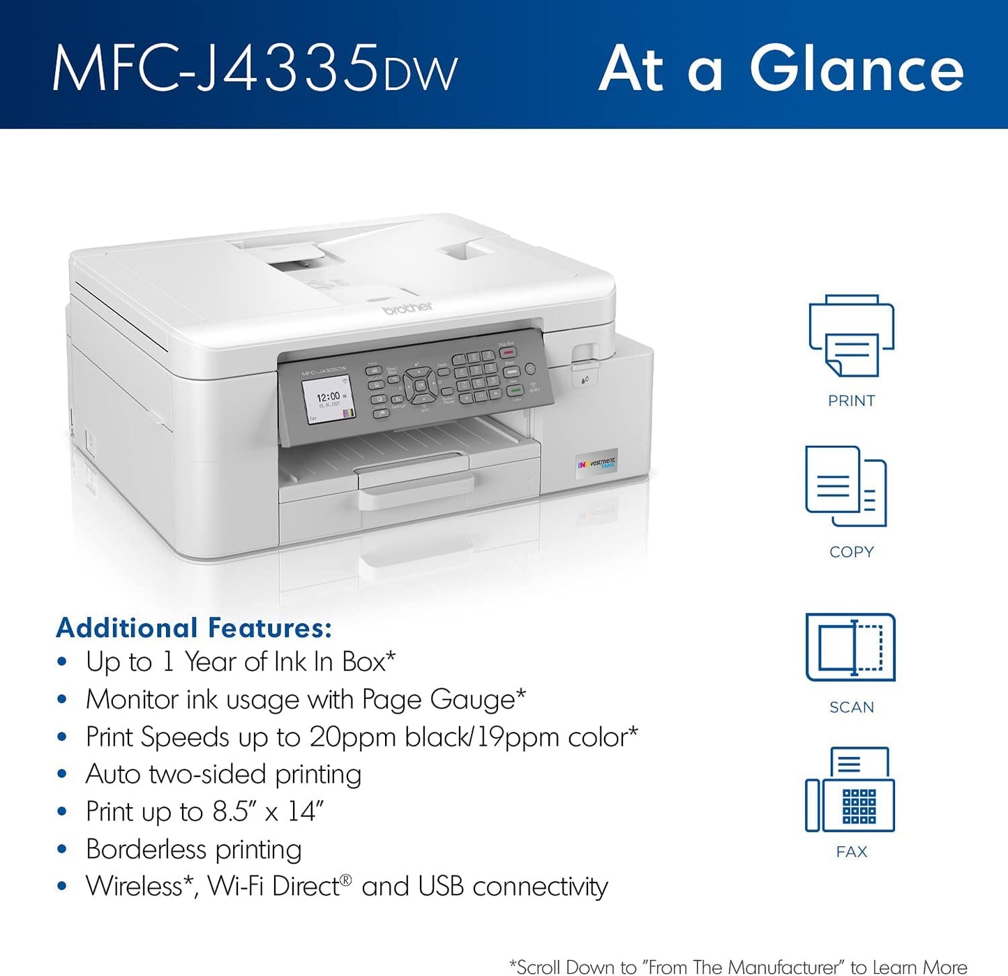 Brother INKvestment 4355 Wireless Color Inkjet All-in-One Printer with 1.8” Color Display and Manual Feed Slot | Includes Refresh Subscription Trial(1) (MFC-J4355DW)