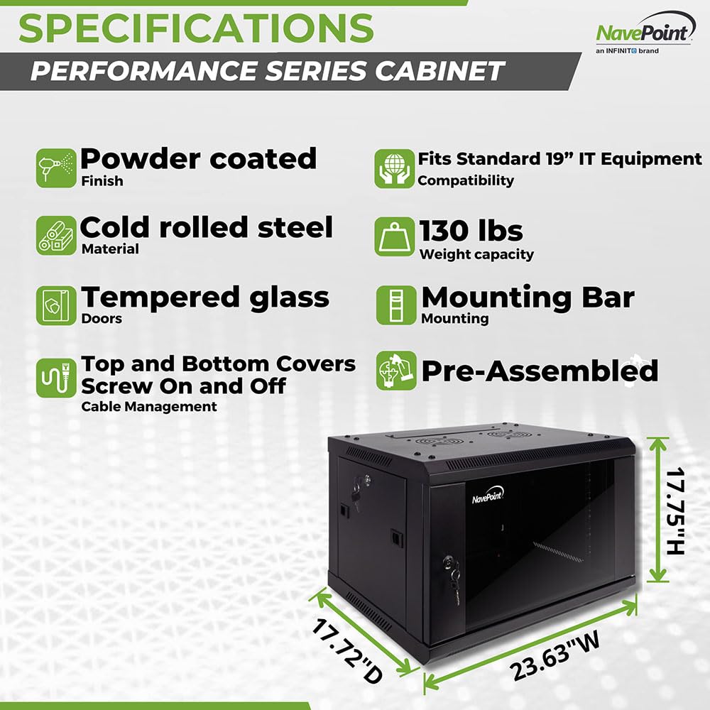 NavePoint 15U Server Cabinet Wall Mount Rack Enclosure with Caster Wheels, Includes 2 Fans, Locking Glass Door, Removable Side Panels – 15U Network Cabinet 17.7” Deep, 19”Server Rack for IT Equipment