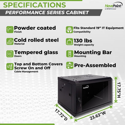 NavePoint 15U Server Cabinet Wall Mount Rack Enclosure with Caster Wheels, Includes 2 Fans, Locking Glass Door, Removable Side Panels – 15U Network Cabinet 17.7” Deep, 19”Server Rack for IT Equipment