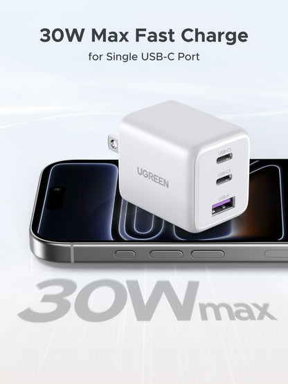 UGREEN 3-Port 30W USB C Charger, GaN II Compact iPhone Charger Fast Charging, Type C Power Adapter for iPhone 17/16/15 Series, Galaxy S26/S25/24, iPad, MacBook Neo/Air, Matt Black
