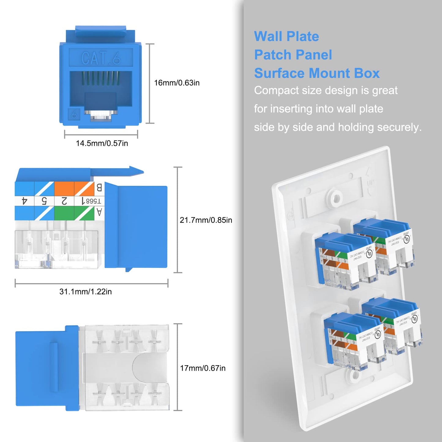 VCE UL Listed 10Gbps Cat6 Keystone Jack Insert 25-Pack, 90 Degree Punch Down RJ45 Keystone Jack Adapter Slim Profile Blue