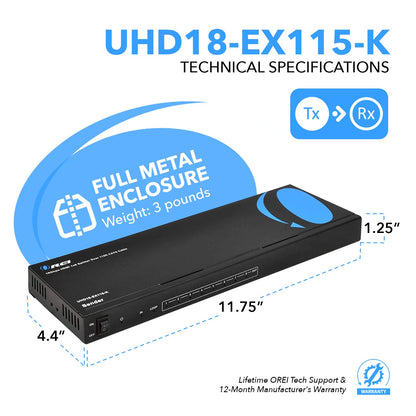 OREI 4K 4x4 HDMI Extender Matrix - UltraHD 4K @ 60Hz 4:4:4 Over Single CAT5e/6/7 Cable with HDR Switcher & IR Control, RS-232 - Up to 230 Ft - 1080P Downscale - 4 x Loop Out - 4 Receivers Included