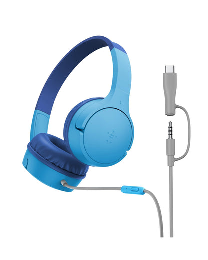 Belkin SoundForm Mini - Wireless Bluetooth Kids Headphones, 30H Battery, 85dB Safe Volume Limit, Built-in Microphone - Toddler On-Ear Earphones for iPhone, iPad - Ideal for School - Blue w/Case