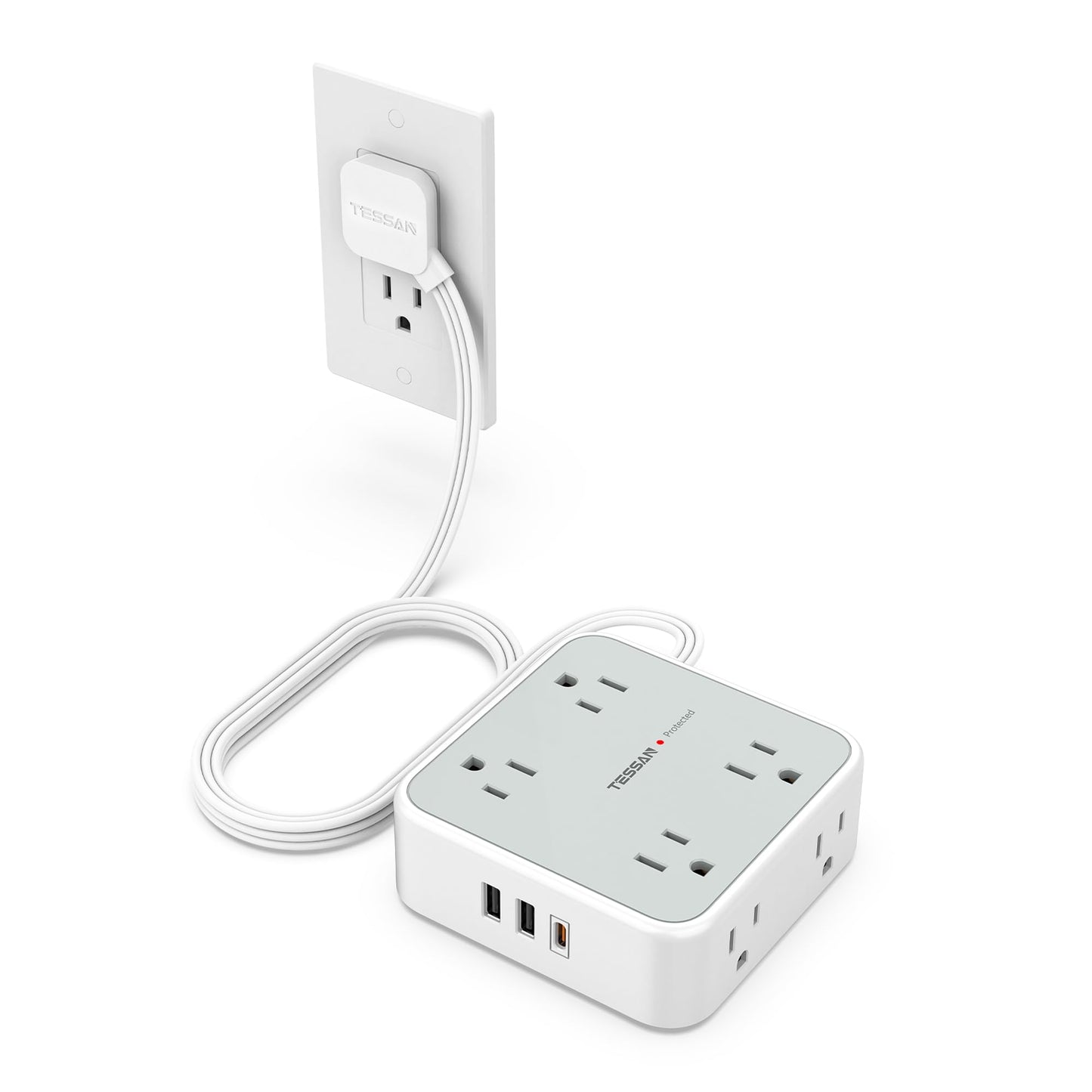 TESSAN Surge Protector Power Strip, 5 Ft Flat Plug Extension Cord with 3 USB (1 USB C) 8 Outlets, 1250W, 900J Protection, 3 Sided Outlet Extender with Power Switch for Office, Dorm Room, Grey