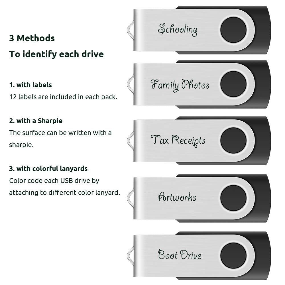 Enfain 16GB USB 2.0 Flash Drive 10 Pack | Swivel Thumb Drives with 31 Labels | Gift-Ready Packaging for Corporate Events, Office & Team Distributions (Black)