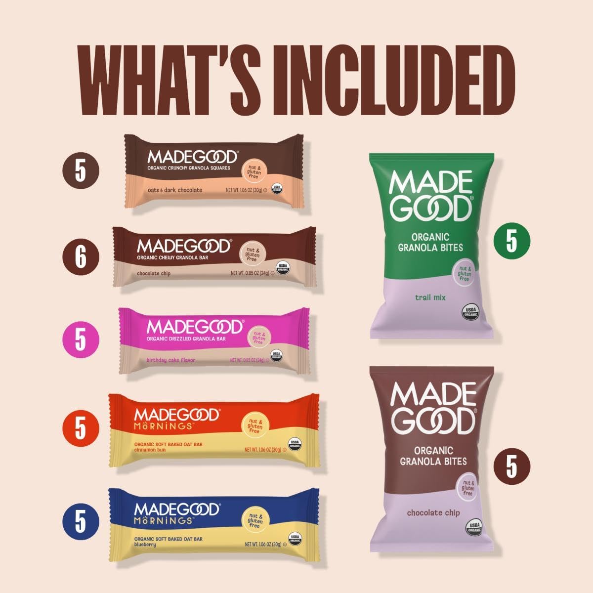 MadeGood Granola Variety Pack, Crunchy Squares, Bites, Bars, and Morning Bars for Breakfast and Healthy Snacking, Organic and Gluten Free, 36 Pack
