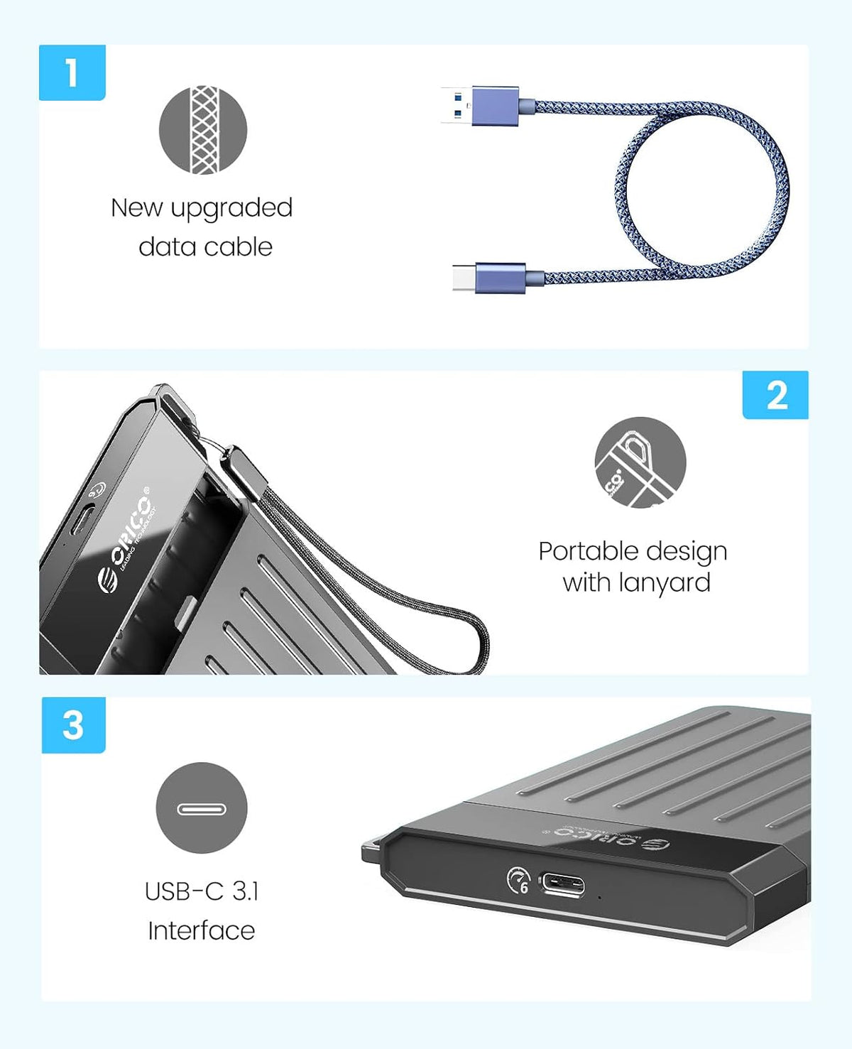ORICO 2.5'' Hard Drive Enclosure, USB C 3.2 Gen 2 to SATA 3.0 6Gbps HDD Enclosure with Upgraded USB C Cable for WD Seagate Toshiba Samsung SSD HDD on Business Travel,Grey[M25C3]