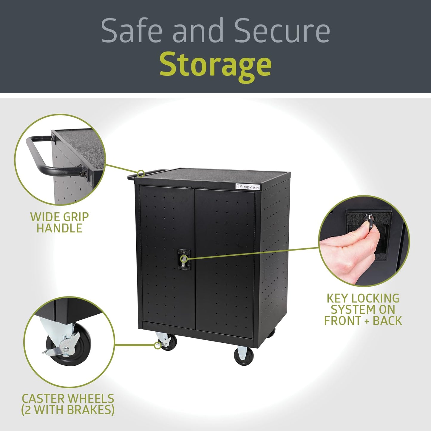 Pearington 32 Device Mobile Charging and Storage Cart for iPads, Chromebooks and Laptop Computers, Up to 13-inch Screen Size, Surge Protection, Front & Back Access Locking Cabinet