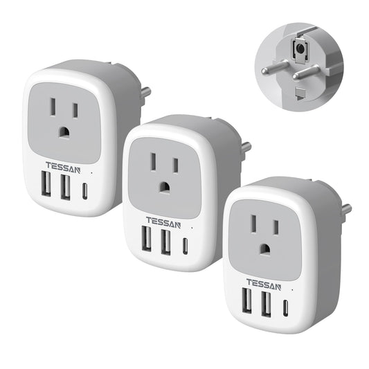 3 Pack European Travel Plug Adapter, TESSAN US to Europe Plug Adapter with 3 USB Ports (1 USB C), Type C Power Adaptor for EU International Italy Spain France Greece Iceland Germany