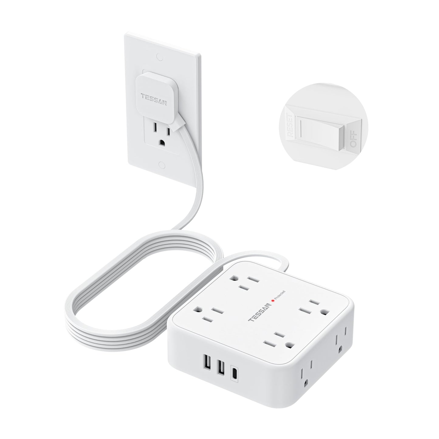 TESSAN Surge Protector Power Strip, 5 Ft Flat Plug Extension Cord with 3 USB (1 USB C) 8 Outlets, 1250W, 900J Protection, 3 Sided Outlet Extender with Power Switch for Office, Dorm Room, Grey