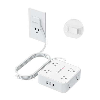 TESSAN Surge Protector Power Strip, 5 Ft Flat Plug Extension Cord with 3 USB (1 USB C) 8 Outlets, 1250W, 900J Protection, 3 Sided Outlet Extender with Power Switch for Office, Dorm Room, Grey