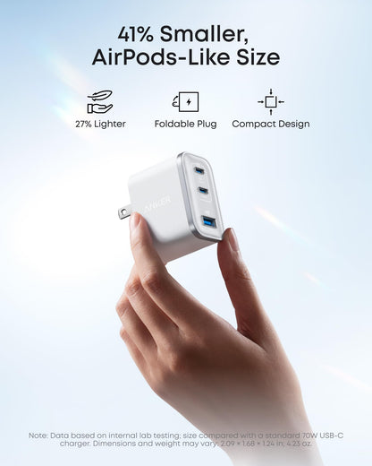 Anker Nano Charger, Ultra-Fast 70W Output 3-Port USB C Charger Block, Fast Charging, Compact and Stylish, for iPhone 17/16 Series, MacBook, iPad, Pixel, Galaxy, and More(Black, Cable Included)