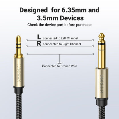 UGREEN 1/8 to 1/4 Stereo Cable 3.5mm TRS to 6.35mm Audio Cable Guitar to Aux Male Cord with Zinc Alloy Housing and Nylon Braid for Guitar, Laptop, Home Theater Devices, Speaker and Amplifiers 6.6FT