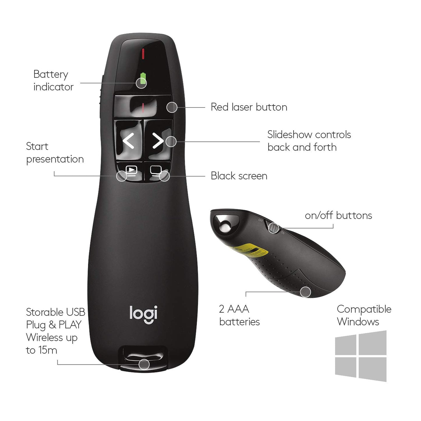 Logitech Wireless Presenter R800, PowerPoint Clicker with Green Laser Pointer, Wireless Presentation Clicker Remote