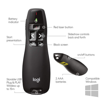 Logitech Wireless Presenter R800, PowerPoint Clicker with Green Laser Pointer, Wireless Presentation Clicker Remote