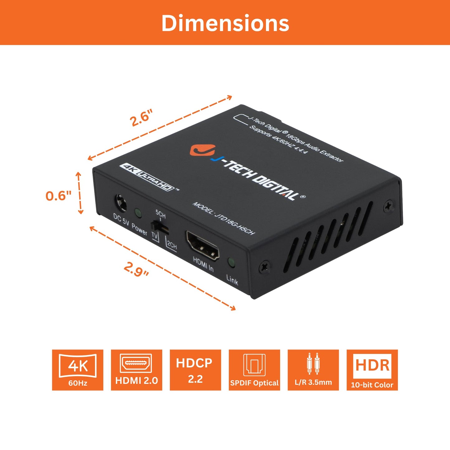 J-Tech Digital Premium Quality 1080P HDMI To HDMI + Audio (SPDIF + RCA Stereo) Audio Extractor Converter (JTDAT5CH)