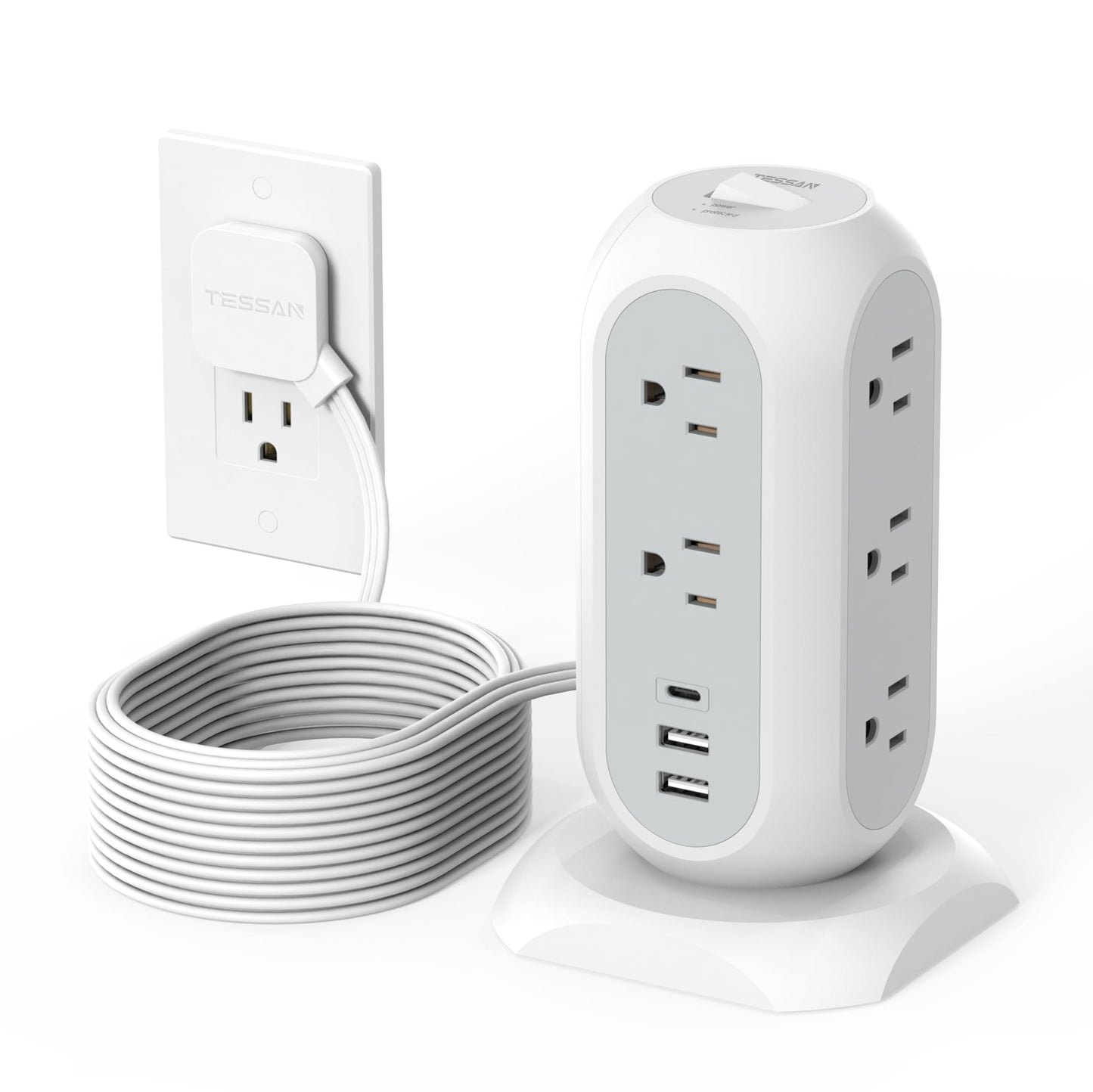 Tower Power Strip Flat Plug with 11 Outlets 3 USB (1 USB C), TESSAN Surge Protector Tower 1625W/13A,1050J Protection, 6 Feet Extension Cord with Multiple Outlets, Office Desk Supplies, Dorm Essentials