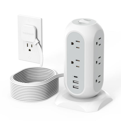Tower Power Strip Flat Plug with 11 Outlets 3 USB (1 USB C), TESSAN Surge Protector Tower 1625W/13A,1050J Protection, 6 Feet Extension Cord with Multiple Outlets, Office Desk Supplies, Dorm Essentials
