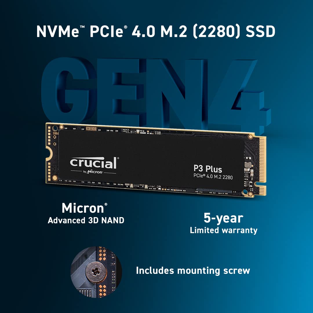 Crucial P3 Plus PCIe Gen4 NVMe 1TB SSD, Up to 5,000MB/s Read, Laptop & Desktop (PC) Compatible, Solid State Drive – CT1000P3SSD8