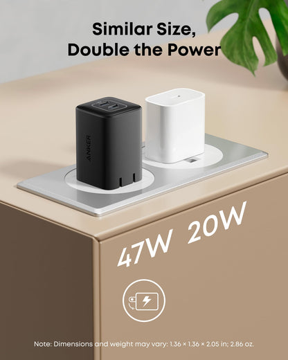Anker Nano Charger, 47W 2 Port Compact Foldable GaN USB C Charger for iPhone 17/16, Galaxy, Pixel, Compatible with MagSafe (Blue)