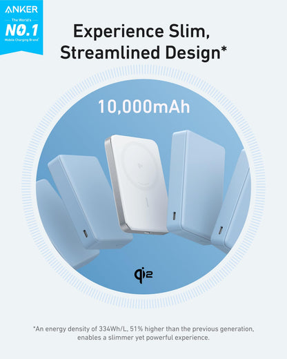 Anker MagGo Power Bank, Ultra-Slim 10,000mAh Magnetic Battery Pack, Qi2 Certified 15W Ultra-Fast MagSafe Compatible Portable Charger, Ergonomic Design, for iPhone17/16/15/14 Series, and More