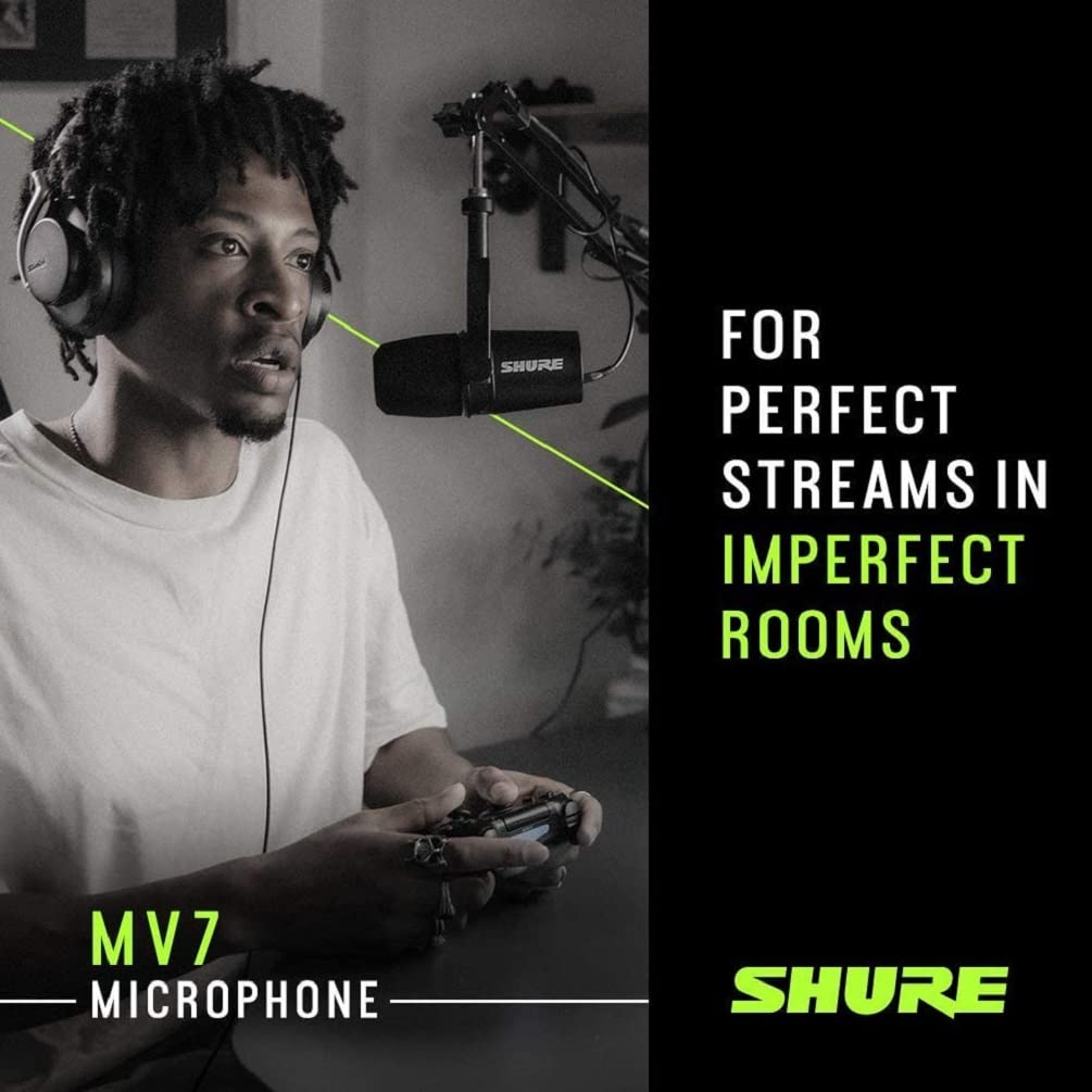 Shure MV7 USB Podcast Microphone for Podcasting, Recording, Live Streaming & Gaming, Built-in Headphone Output, All Metal USB/XLR Dynamic Mic, Voice-Isolating Technology, TeamSpeak Certified - Black