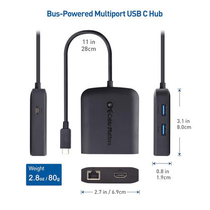 Cable Matters USB C Hub with HDMI 4K@60Hz, 100W Charging, Gigabit Ethernet, and 3X USB in Black - USBC and Thunderbolt 4 / USB4 / Thunderbolt 3 Port Compatible with Surface Pro, MacBook Pro, Dell XPS
