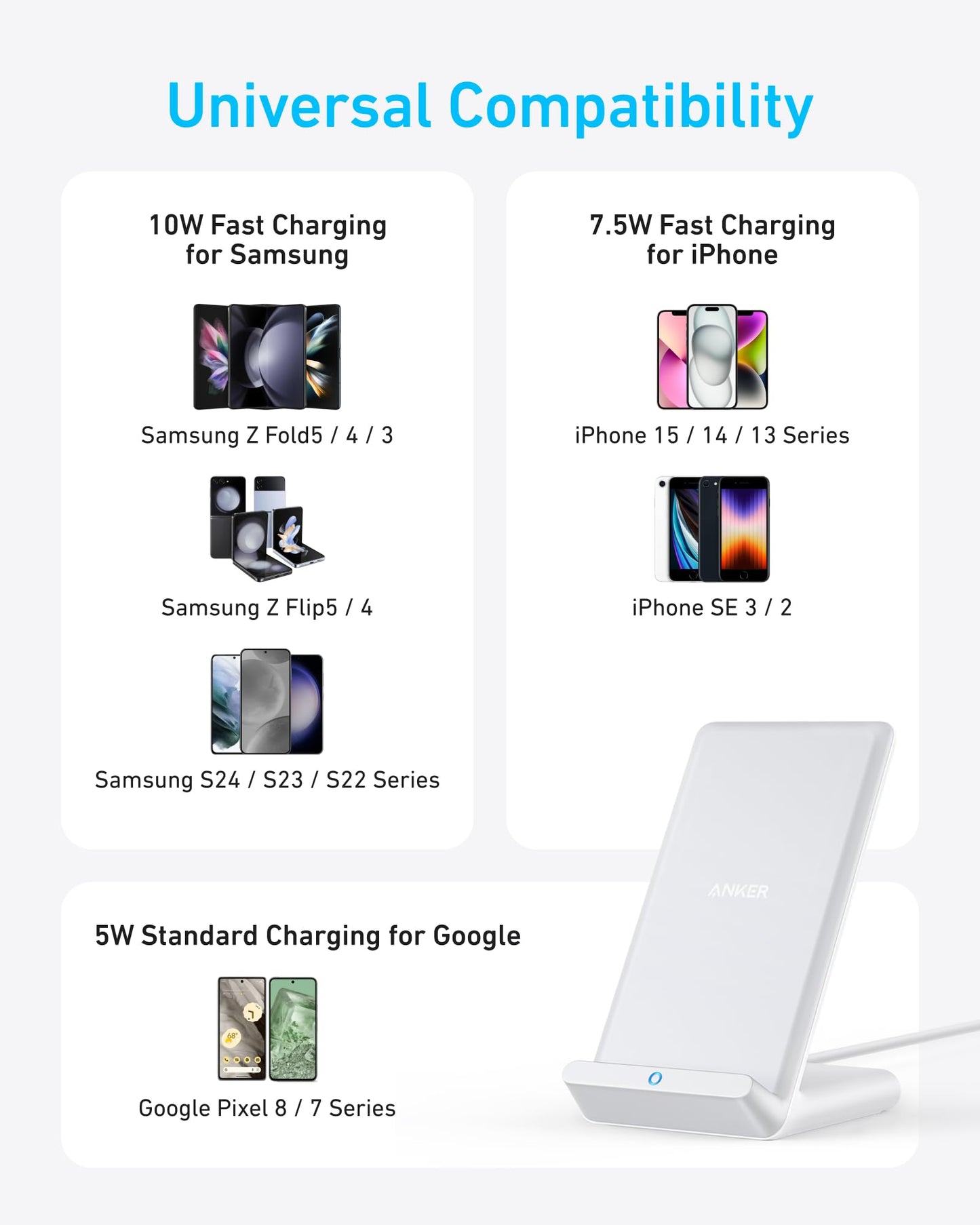 Anker 313 Wireless Charger (Stand), Qi-Certified for iPhone 17/17/17 Pro/17 Pro Max/15/14/13, 10W Fast-Charging Galaxy S23 S22 S21(No AC Adapter)