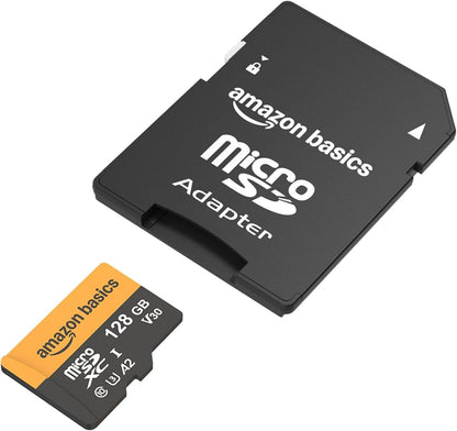 Amazon Basics 128GB microSDXC Memory Card with Adapter for Smartphones, Drones, Cameras, Full HD, Read Speed Up to 200MB/s, 1-Pack