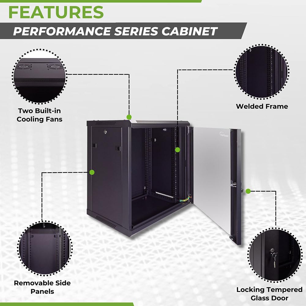 NavePoint 15U Server Cabinet Wall Mount Rack Enclosure with Caster Wheels, Includes 2 Fans, Locking Glass Door, Removable Side Panels – 15U Network Cabinet 17.7” Deep, 19”Server Rack for IT Equipment