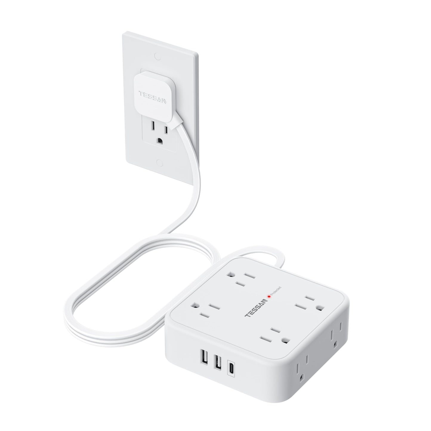 TESSAN Surge Protector Power Strip, 5 Ft Flat Plug Extension Cord with 3 USB (1 USB C) 8 Outlets, 1250W, 900J Protection, 3 Sided Outlet Extender with Power Switch for Office, Dorm Room, Grey