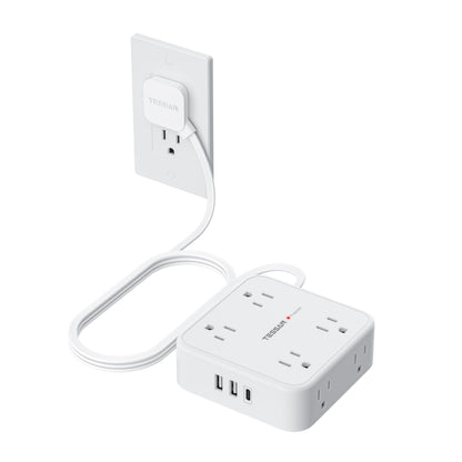 TESSAN Surge Protector Power Strip, 5 Ft Flat Plug Extension Cord with 3 USB (1 USB C) 8 Outlets, 1250W, 900J Protection, 3 Sided Outlet Extender with Power Switch for Office, Dorm Room, Grey