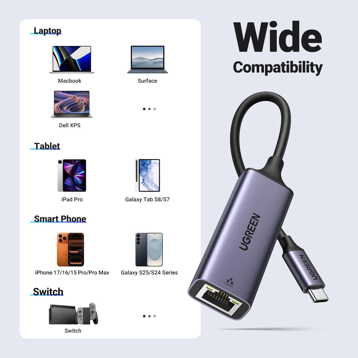 UGREEN USB C to Ethernet Adapter, Plug and Play 1Gbps Ethernet Adapter, Aluminum Case, (Thunderbolt 4/3 Compatible) to RJ45 Network Dongle, Compatible for MacBook Pro/Air, iPhone 17 Pro/Max, iPad, XPS