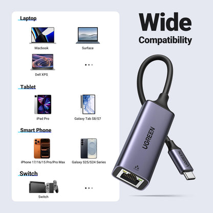 UGREEN USB C to Ethernet Adapter, Plug and Play 1Gbps Ethernet Adapter, Aluminum Case, (Thunderbolt 4/3 Compatible) to RJ45 Network Dongle, Compatible for MacBook Pro/Air, iPhone 17 Pro/Max, iPad, XPS
