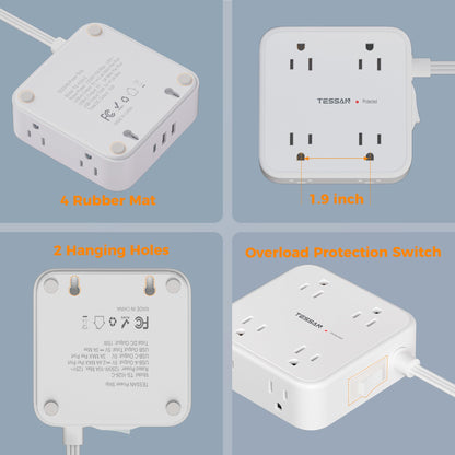TESSAN Surge Protector Power Strip, 5 Ft Flat Plug Extension Cord with 3 USB (1 USB C) 8 Outlets, 1250W, 900J Protection, 3 Sided Outlet Extender with Power Switch for Office, Dorm Room, Grey