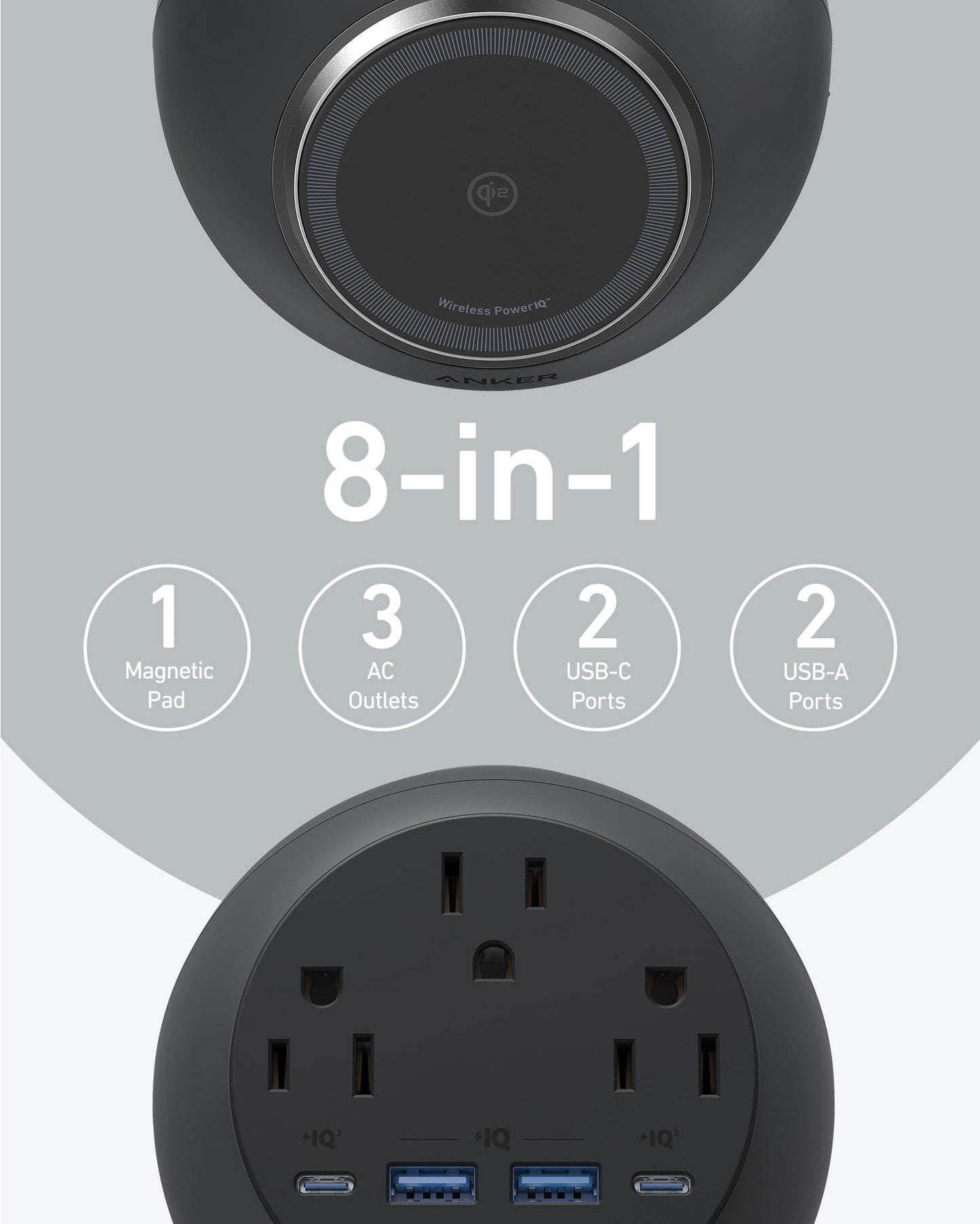 Anker MagGo Magnetic Charging Station, Qi2 Certified 15W Ultra-Fast MagSafe Wireless Charger for iPhone 15/14/13, 8-in-1 Power Strip with 3 AC and 4 USB Desktop Charger for MacBook and More (White)
