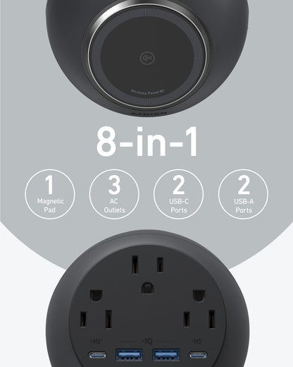 Anker MagGo Magnetic Charging Station, Qi2 Certified 15W Ultra-Fast MagSafe Wireless Charger for iPhone 15/14/13, 8-in-1 Power Strip with 3 AC and 4 USB Desktop Charger for MacBook and More (White)