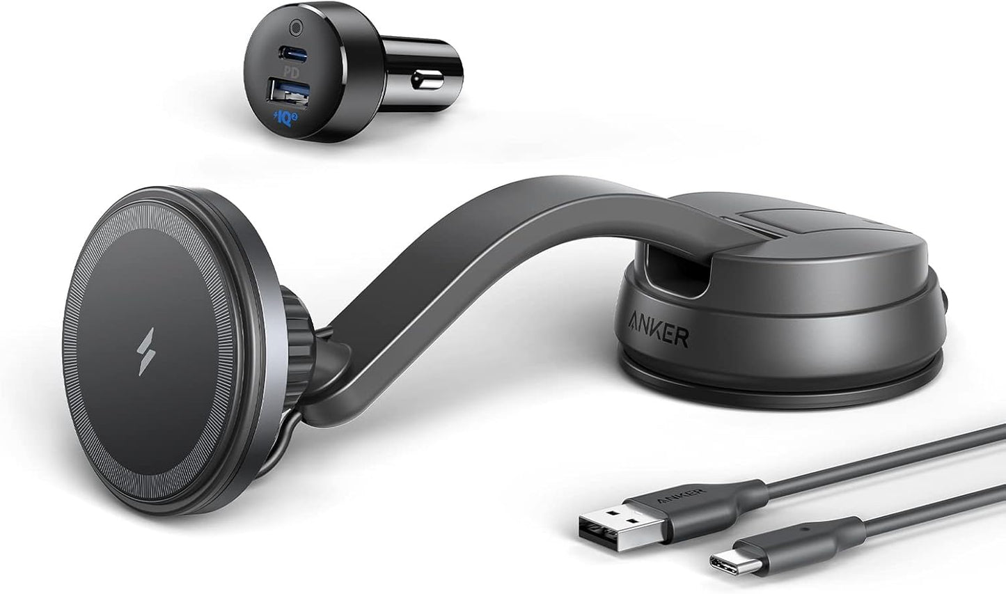 Anker Magnetic Wireless Charger (MagGo), 613 Car Charging Mount with 2-Port Car Charger, 5 ft USB-C to USB-A Cable, Strong Magnetic Alignment for iPhone 16/16 Pro/16 Pro Max/15/15 Pro Max