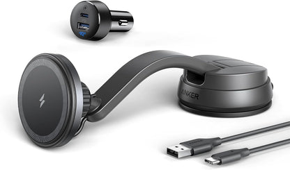 Anker Magnetic Wireless Charger (MagGo), 613 Car Charging Mount with 2-Port Car Charger, 5 ft USB-C to USB-A Cable, Strong Magnetic Alignment for iPhone 16/16 Pro/16 Pro Max/15/15 Pro Max