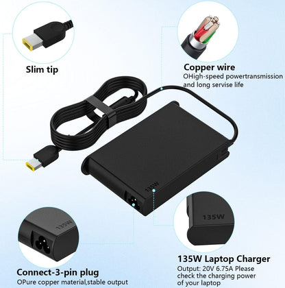 135W AC Charger Compatible with Lenovo ThinkPad X1 Extreme Gen 1 2 3 4 5 W540 W541 T440 T440S T440P T470P T540p T15p Ideapad Yoga Y50-70 Y50-80 Y50p Y50p-70 Y50c Laptop Power Supply Adapter