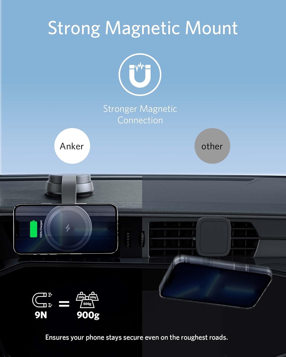 Anker Magnetic Wireless Charger (MagGo), 613 Car Charging Mount with 2-Port Car Charger, 5 ft USB-C to USB-A Cable, Strong Magnetic Alignment for iPhone 16/16 Pro/16 Pro Max/15/15 Pro Max