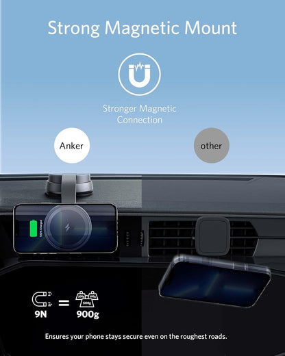 Anker Magnetic Wireless Charger (MagGo), 613 Car Charging Mount with 2-Port Car Charger, 5 ft USB-C to USB-A Cable, Strong Magnetic Alignment for iPhone 16/16 Pro/16 Pro Max/15/15 Pro Max