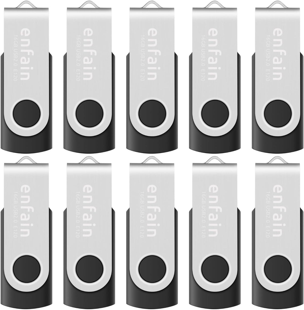 Enfain 16GB USB 2.0 Flash Drive 10 Pack | Swivel Thumb Drives with 31 Labels | Gift-Ready Packaging for Corporate Events, Office & Team Distributions (Black)