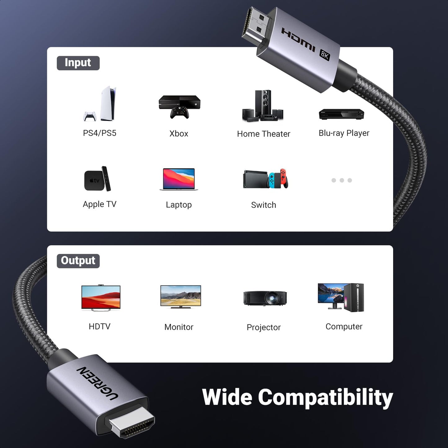 UGREEN 8K HDMI 2.1 Cable 48Gbps 6.6FT, Certified Ultra High Speed HDMI Cord Aluminum, 4K@240Hz 120Hz 10K 8K@60Hz, HDCP 2.2&2.3, eARC HDR 10 Dolby Compatible with PS5/Blu-ray/Roku TV/Switch 2/Mac mini